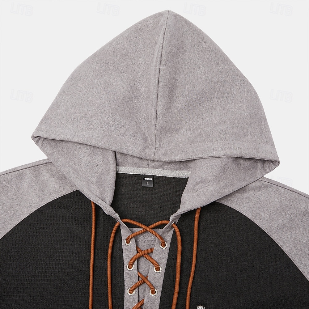 Men's Waffle T-shirt T Shirt Waffle Henley Shirt Long Sleeve Hooded Lace Up Neck Fall Solid Color Textured Traditional / Vintage Drawstring Casual Home Outdoor Light Blue Wine Black Top Tee for Men 2026 - $24.99 –P13