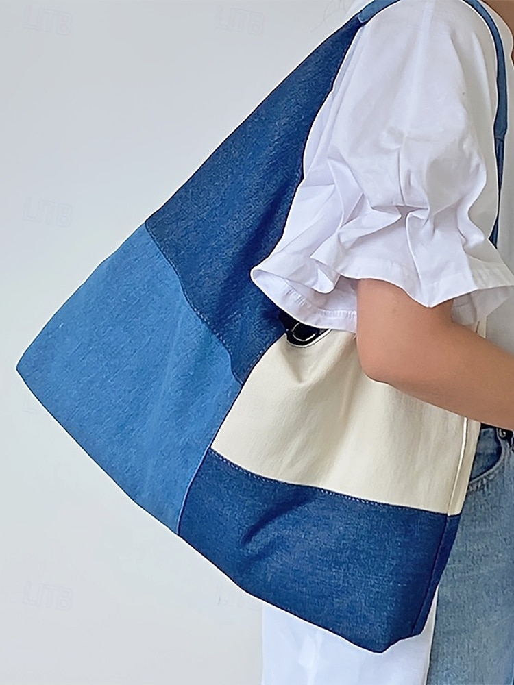 geantă hobo pentru femei din denim, model patchwork, capacitate mare, perfectă pentru vacanță și uz zilnic casual 2026 - $18.99 –P4