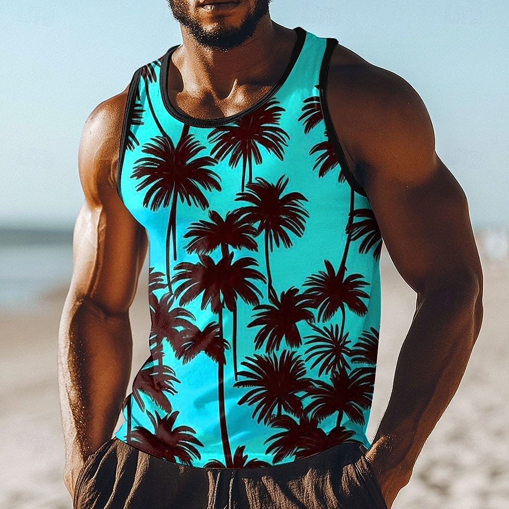 Débardeur homme, sans manches, col rond, imprimé intégral de palmiers jaunes et noirs vifs, style tropical, idéal pour les vacances à la plage. Disponible du S au XXXL. de 2026 ? $17.99 –P2