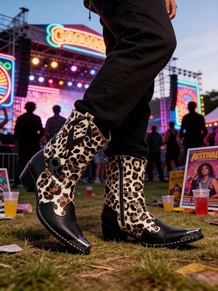 Botas masculinas de couro legítimo para festivais, com estampa de leopardo, ideais para música. de 2026 por $189.99 –P1