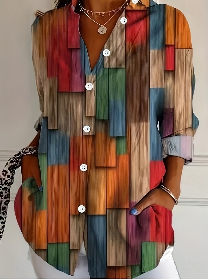 Damskie Koszula Bluzka Niejednolita całość Guziki Nadruk Graficzny Geometryczny Kratka Zabytkowe Tropikalny Codzienny Długi rękaw Kołnierzyk koszuli Zwykłe topy Codzienny Niebieski Czarny Biały Żółty 2026 - $32.99 –P4