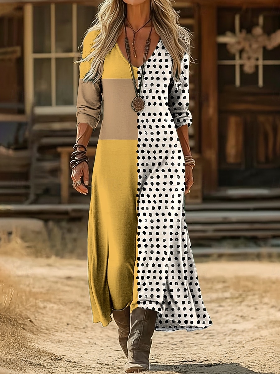 Per donna Abito lungo maxi Abito Vintage Vestito Casual Vintage Quotidiano All'aperto Vacanza Vestibilità comoda Geometrico A Pois Manica Lunga Scollo a V Giallo Primavera Autunno del 2026 a $37.99 –P1