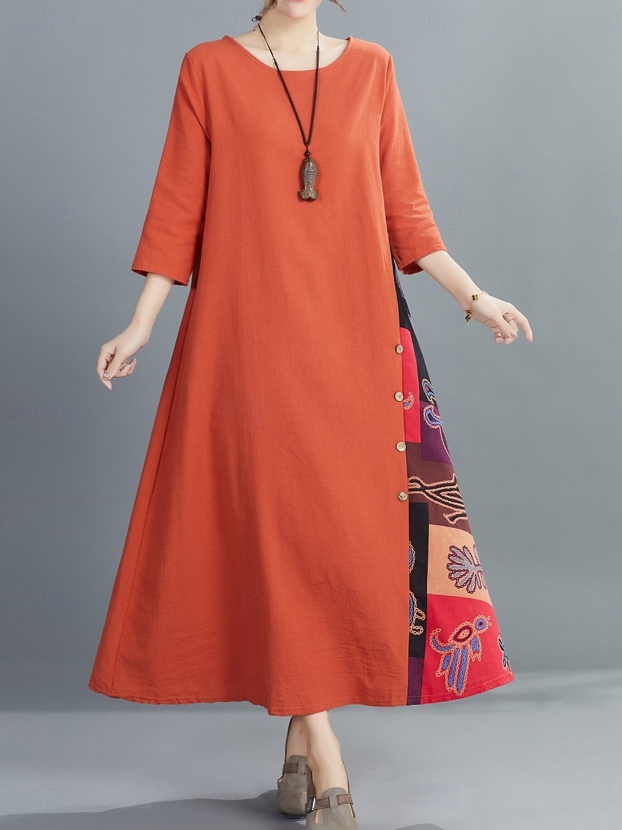 Robe maxi en lin pour femme faux coton robe décontractée coupe ample graphique floral manches 3/4 col rond noir jaune rouge violet été printemps de 2026 ? $22.99 –P1