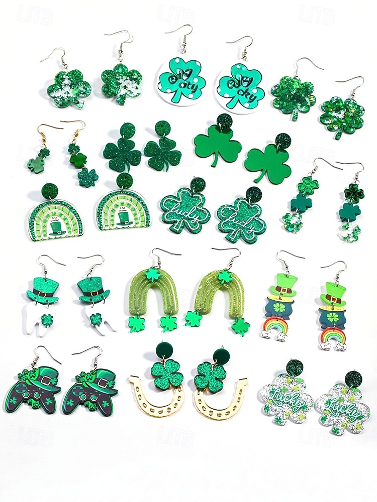 Cercei acrilici cu trifoi pentru femei, cu tematică de Ziua Sfântului Patrick, cercei ușori cu trifoi și sclipici, bijuterii verzi irlandeze în mai multe stiluri, perfecți pentru parade de sărbători, petreceri și ținute festive. 2026 - $7.99 –P4