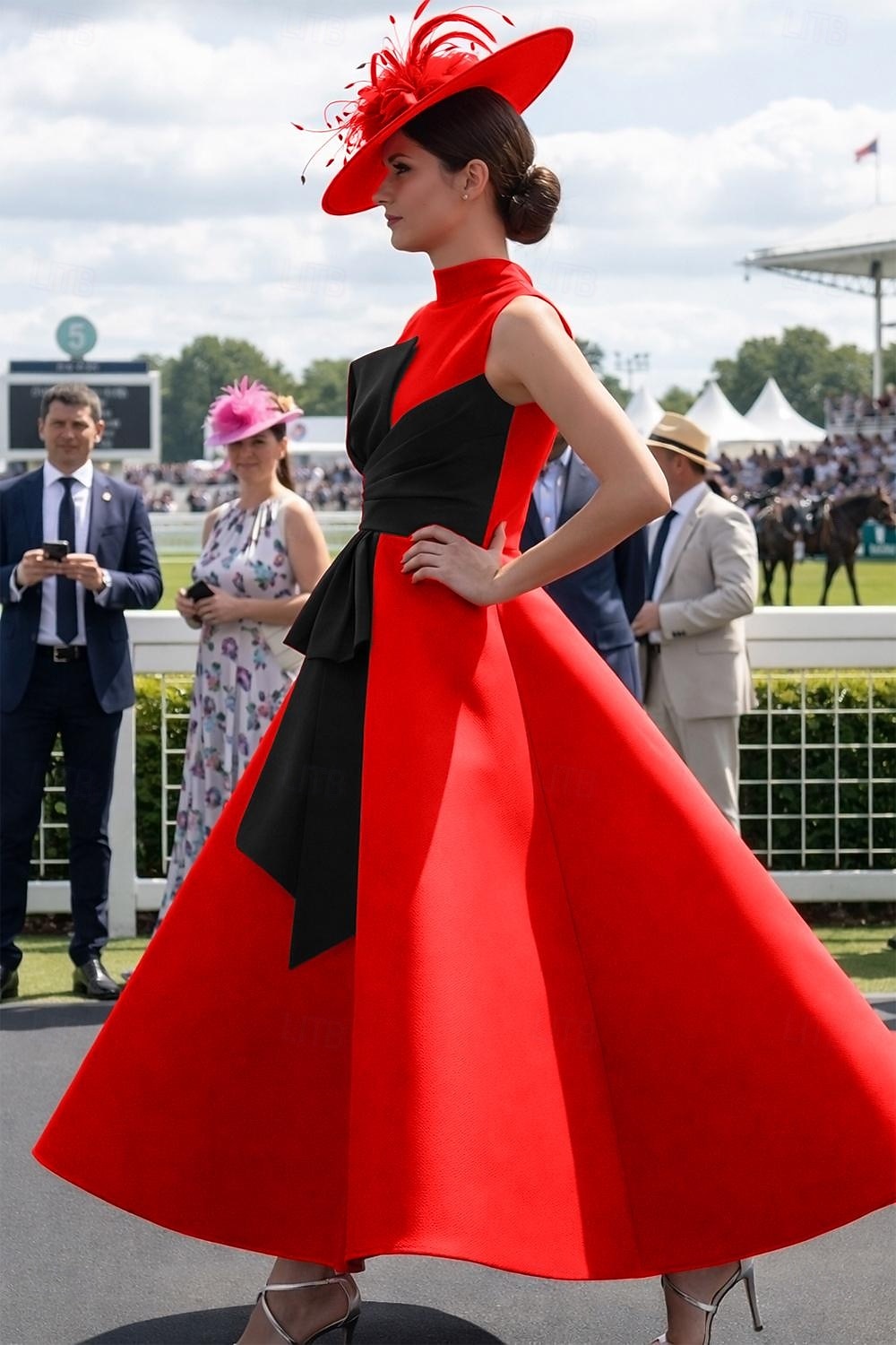 Haine Bal Lungime Gleznă Rochii de bal Rochii de seara Rochie De Bal Rochie formală Elegant 1950 Bloc de Culoare Fără manșon Gât Înalt Bal Invitat la nunta Satin cu Arc 2026 - $164.99 –P3