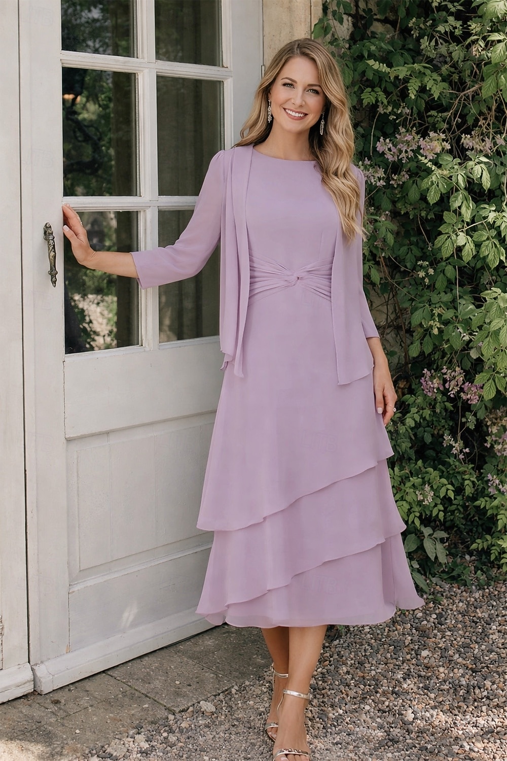 Tubino Colonna Lunghezza Tè Abito da invitata a nozze Abito da cerimonia per signora Manica 3/4 Collo gioiello Elegante Ospite di nozze Chiffon Con Stola con Arricciatura del 2026 a $160.99 –P11
