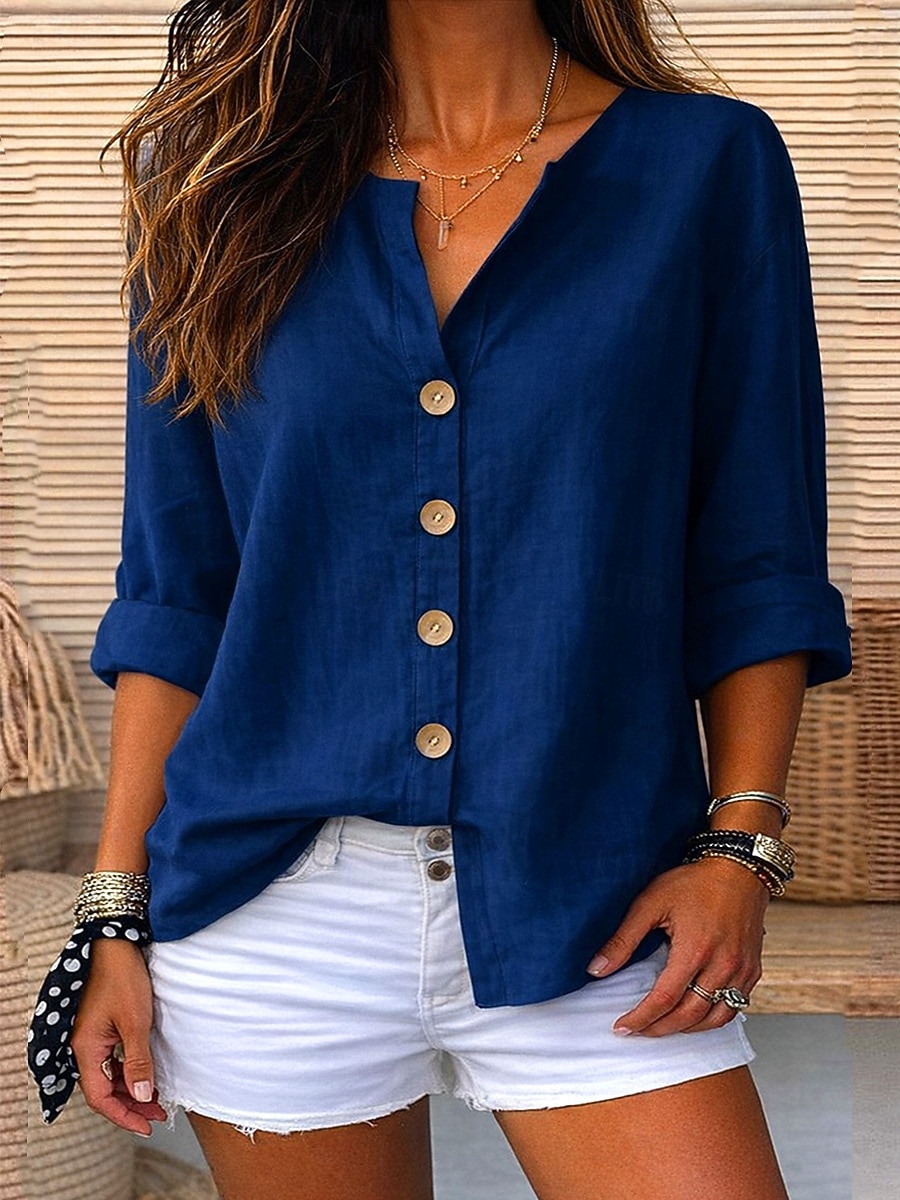 Blusa de mujer 100% algodón con botones, color liso, para uso diario informal, manga 3/4, cuello en V, tops regulares, para uso diario, negro, blanco, rojo, naranja, verde, verano, primavera, otoño 2026 - $27.99 –P8