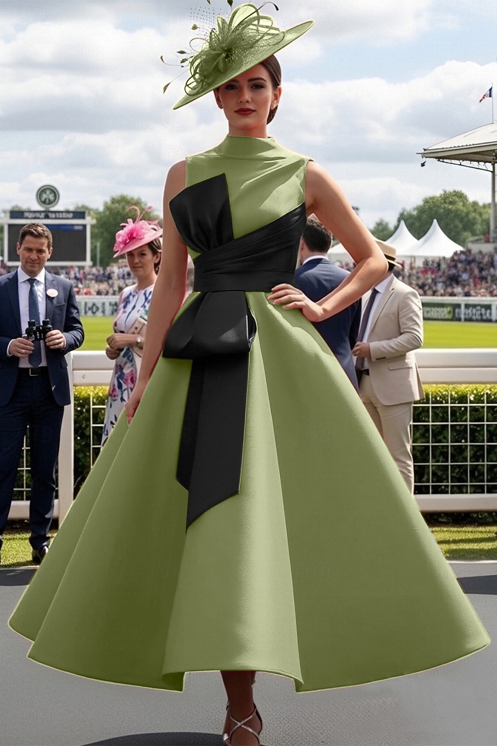 Haine Bal Lungime Gleznă Rochii de bal Rochii de seara Rochie De Bal Rochie formală Elegant 1950 Bloc de Culoare Fără manșon Gât Înalt Bal Invitat la nunta Satin cu Arc 2026 - $164.99 –P6