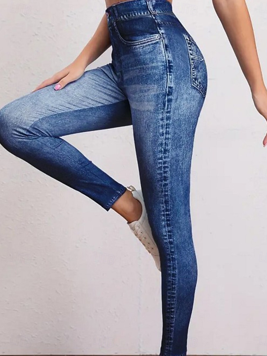 Women's Jeans Leggings Jeggings Vacation Streetwear Casual Full Length Medium Waist Plain Pocket Elastic Waistband Comfy Comfort High Elasticity Daily Home Outdoor Blue Sapphire Blue Ocean Blue Grey 2026 - $13.99 –P4