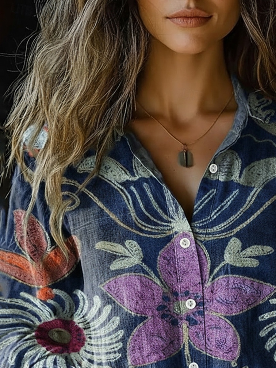 Women's Shirt Faux Cotton Linen Buttons Print Floral Graphic Bohemia Active Vintage Long Sleeve Shirt Collar Regular Tops Daily Holiday Blue Summer Spring Fall 2026 - $35.99 –P2