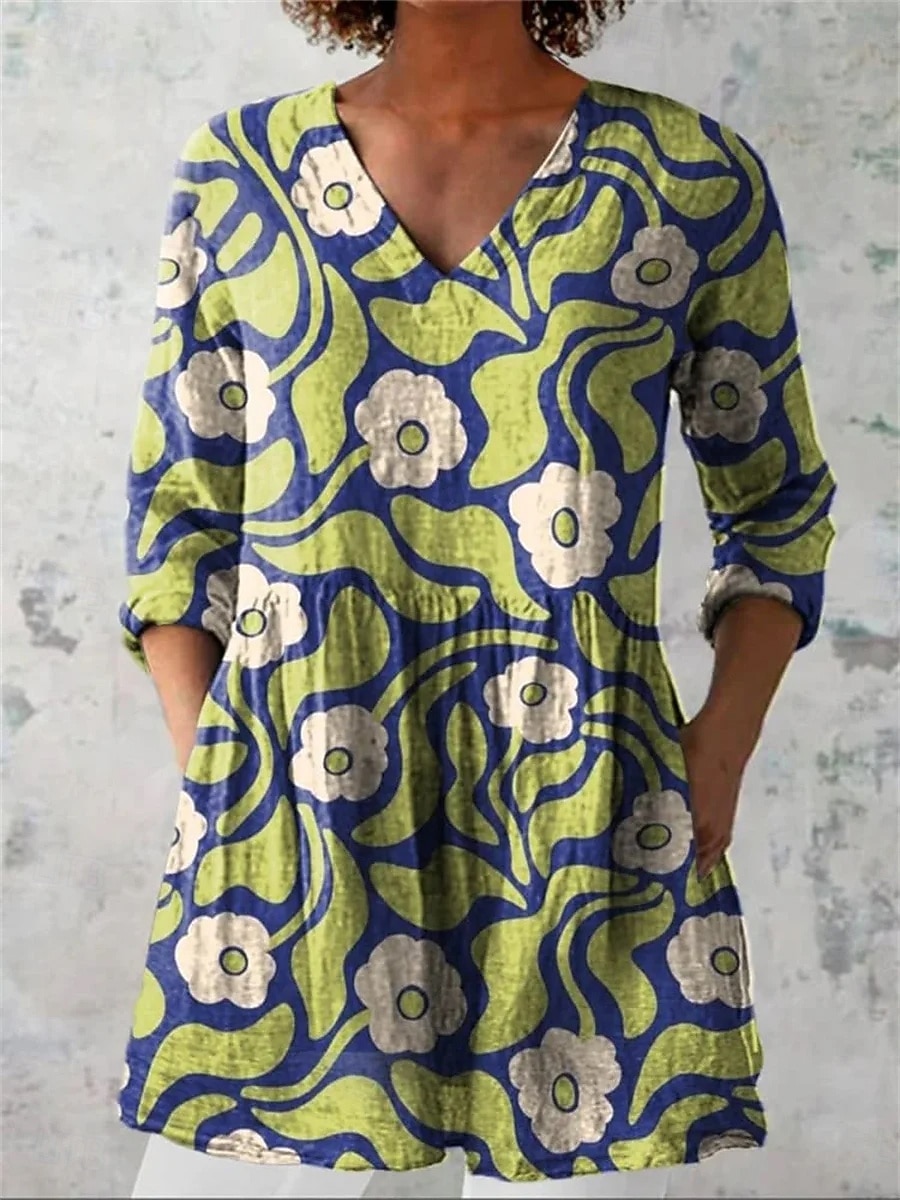 Mulheres Blusa Franzido Gráfico Geométrica Elegante à moda Casual Manga Longa Decote V Tops longos Diário Trabalho Laranja Verde Verão Primavera de 2026 por $34.99 –P2