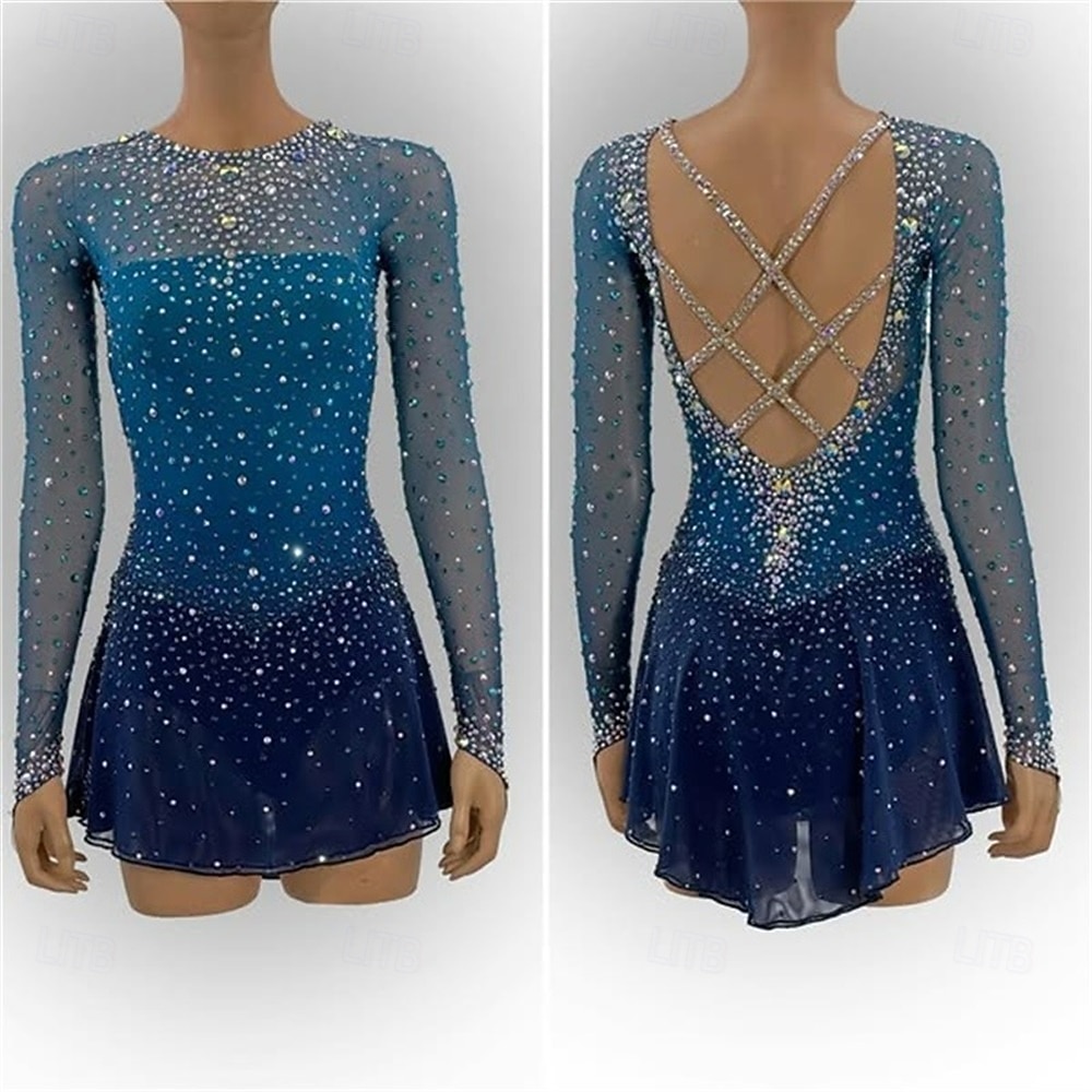 Vestido de patinaje artístico Mujer Patinaje Sobre Hielo Vestidos Azul Retazos Espalda Abierta Elástico Entrenamiento Competición Ropa de Patinaje Clásico Cristal / Strass Manga Larga Patinaje sobre 2026 - $274.29 –P2
