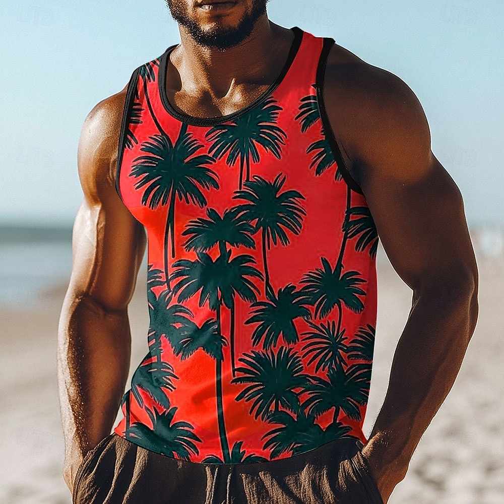 Débardeur homme, sans manches, col rond, imprimé intégral de palmiers jaunes et noirs vifs, style tropical, idéal pour les vacances à la plage. Disponible du S au XXXL. de 2026 ? $17.99 –P3