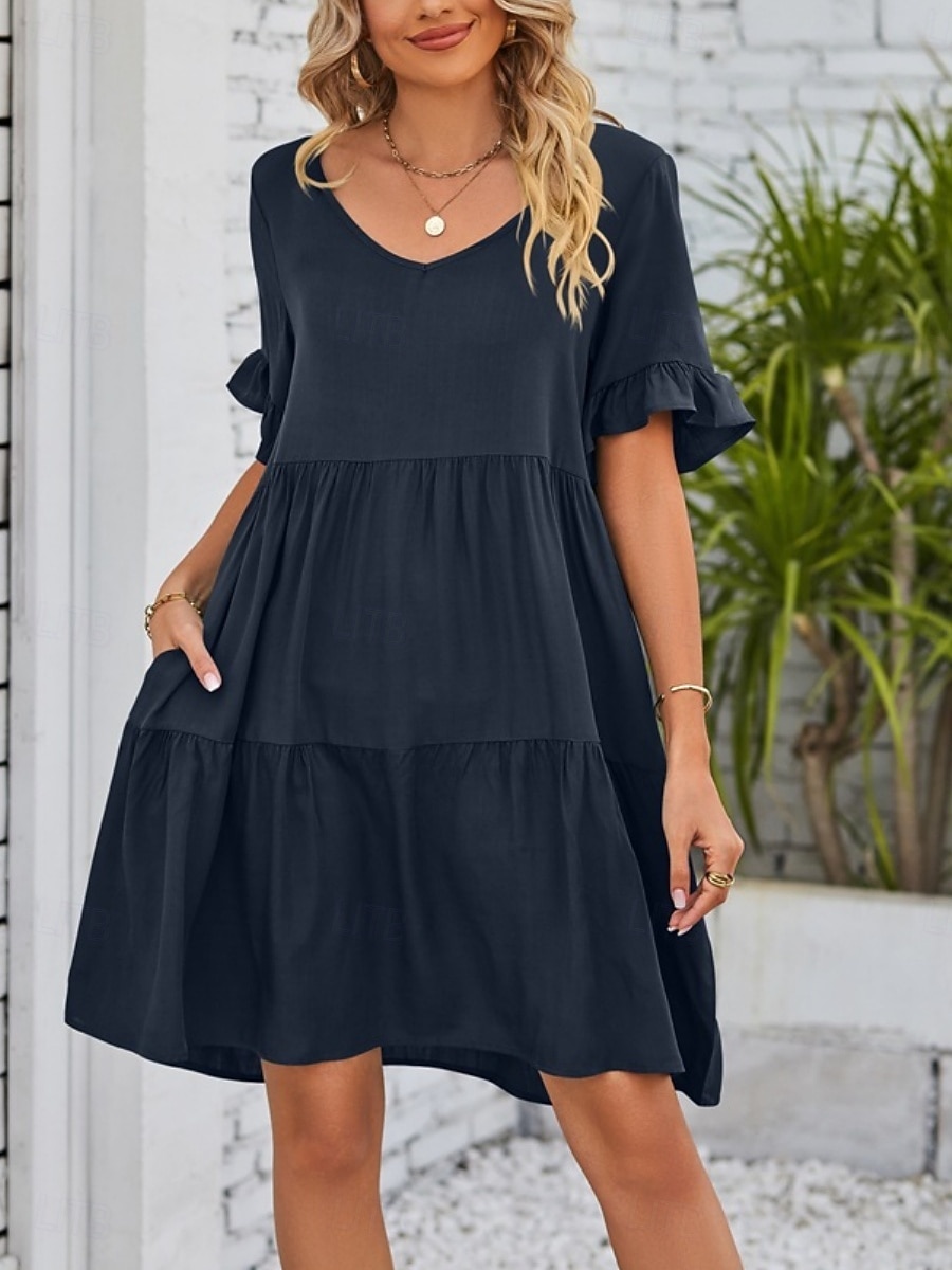 Dames Mini-jurk Casual jurk Katoenen jurk Zomerjurk Elegant Modieus Modern Buiten Vakantie Uitgaan Ruim Passend Effen Korte mouw V-hals Zwart Wit Leger Groen Bordeaux Zomer Lente 2026 - $21.99 –P14