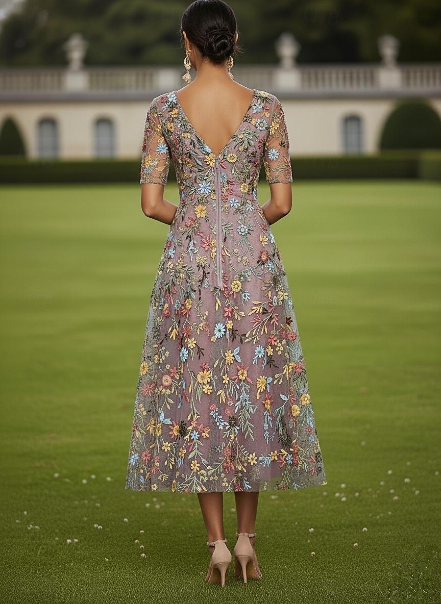 А-силуэт Платья Ниже колена Коктейльные платья Свадебное платье для гостей Платье для матери невесты Рукав до локтя Вырез под горло Вырез лодочкой Элегантный стиль На каждый день 2026 - $163.99 –P2