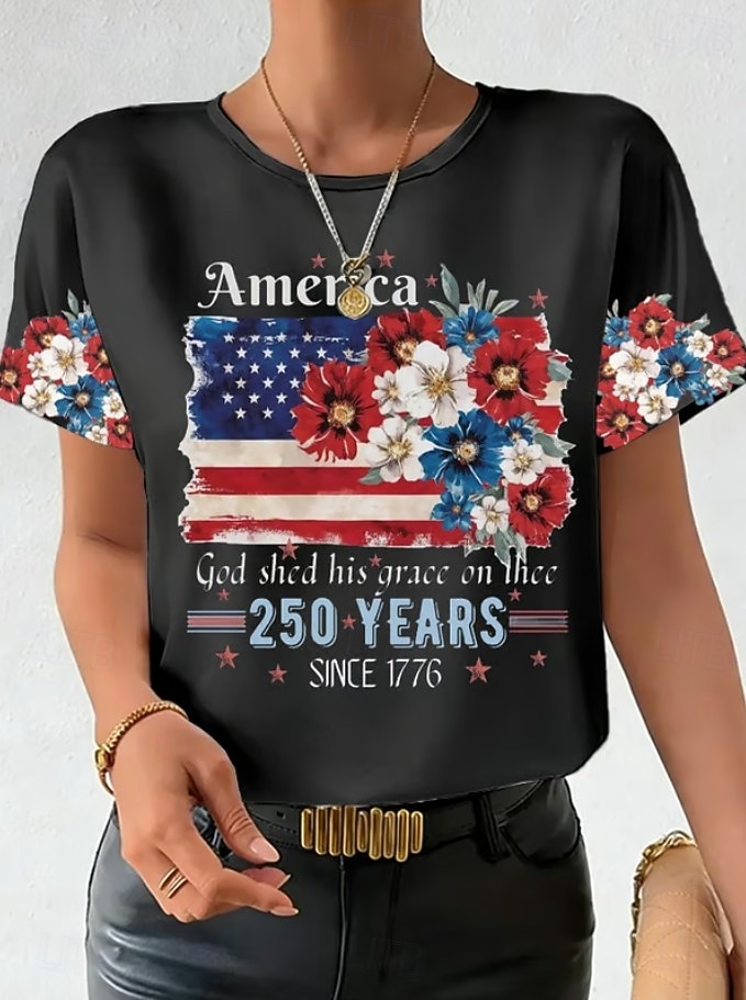 Giorno dell'Indipendenza Anniversary Americano Maglietta Patriottica da Donna Stampa Grafica Lettera Bandiera Americana Vintage Elegante Classica Manica Corta Collo Tondo Regolare Top Giornalieri Blu del 2026 a $22.99 –P2