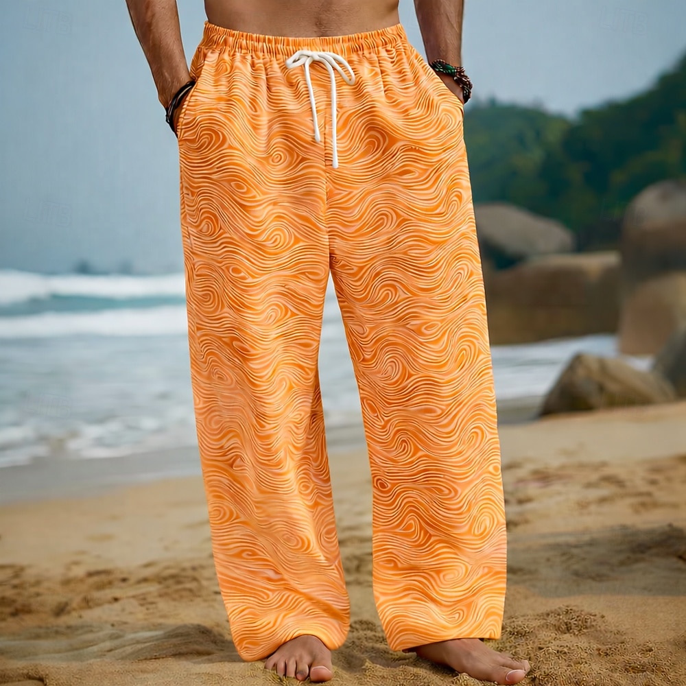 Homens Geométrica oceano Ondas Calças Calças largas Calça casual Cintura Média Havaiana Ao ar livre Férias Roupa de Praia Cintura elástica com cordão Calças de linho com bolsos Verão Primavera de 2026 por $27.99 –P2