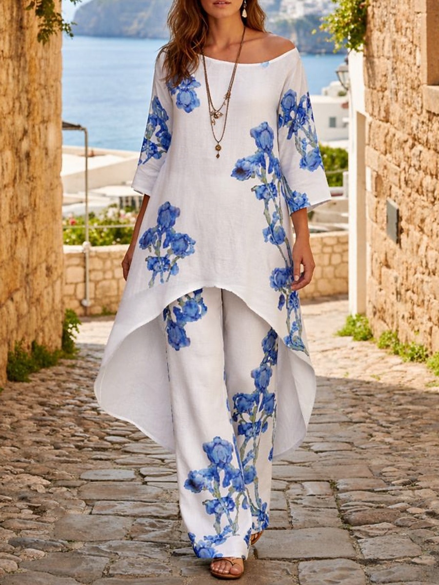 Dame Todelt sett Buksesett Bolero topp Langermet Crew-hals Blomstret Grafisk Bohem Mote Gatemote Avslappet Daglig utendørs Hvit Rosa Marineblå Vår Løstsittende 2026 - $45.99 –P2
