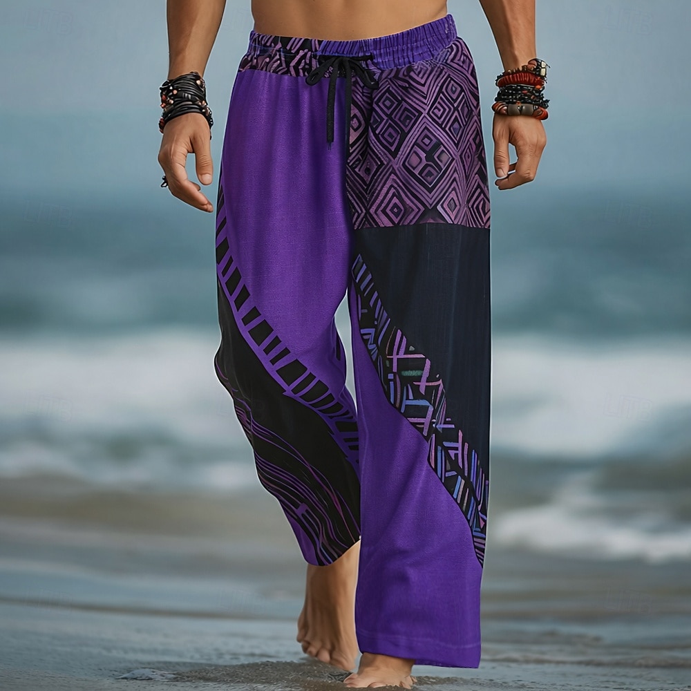 Men's Geometric Color Block Trousers Baggy Pants Casual Pants Mid Waist Fashion Home Outdoor Vacation Elastic Drawstring Waist Linen-Like Pants with Pockets Summer Spring 3D Print Blue Red Purple 2026 - $27.99 –P4
