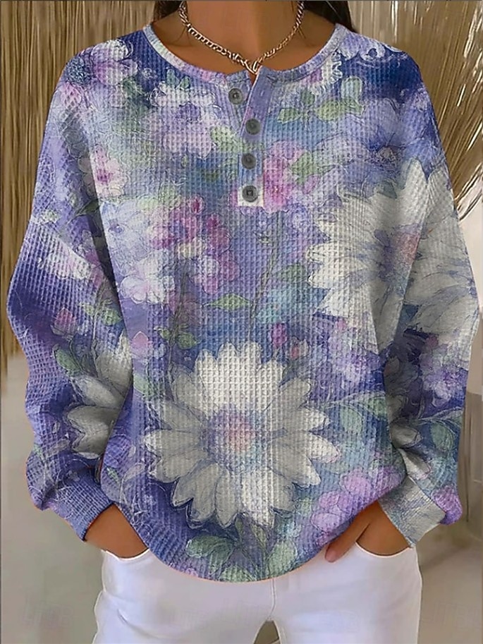 Damen Pullover Sweatshirt Knöpfe Blumen Grafik Mode Lässig Druck Langarm Rundhalsausschnitt Normale Oberteile Lässig Heim Arbeit Blau Schwarz und Rot Hellgrün Purpur Orange Sommer Frühling 2026 - $28.99 –P1