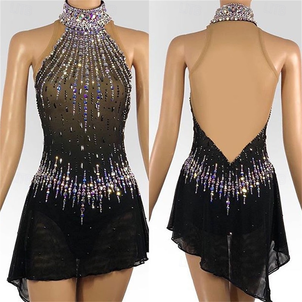 Figure Skating Dress Girls' Ice Skating Dress Black Patchwork Asymmetric Hem Stretchy Training Competition Skating Wear Classic Crystal / Rhinestone Sleeveless Ice Skating Figure Skating 2026 - $201.89 –P2