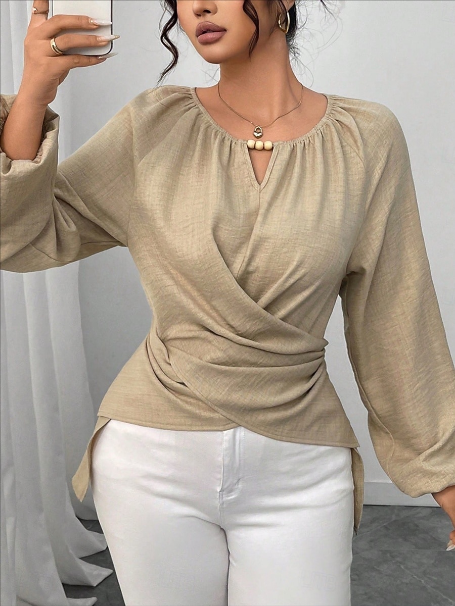Women's Blouse Ruched Plain Elegant Stylish Basic Long Sleeve Crew Neck Regular Tops Daily Streetwear Black Pink Wine Green Khaki Spring Fall 2026 - $29.99 –P4