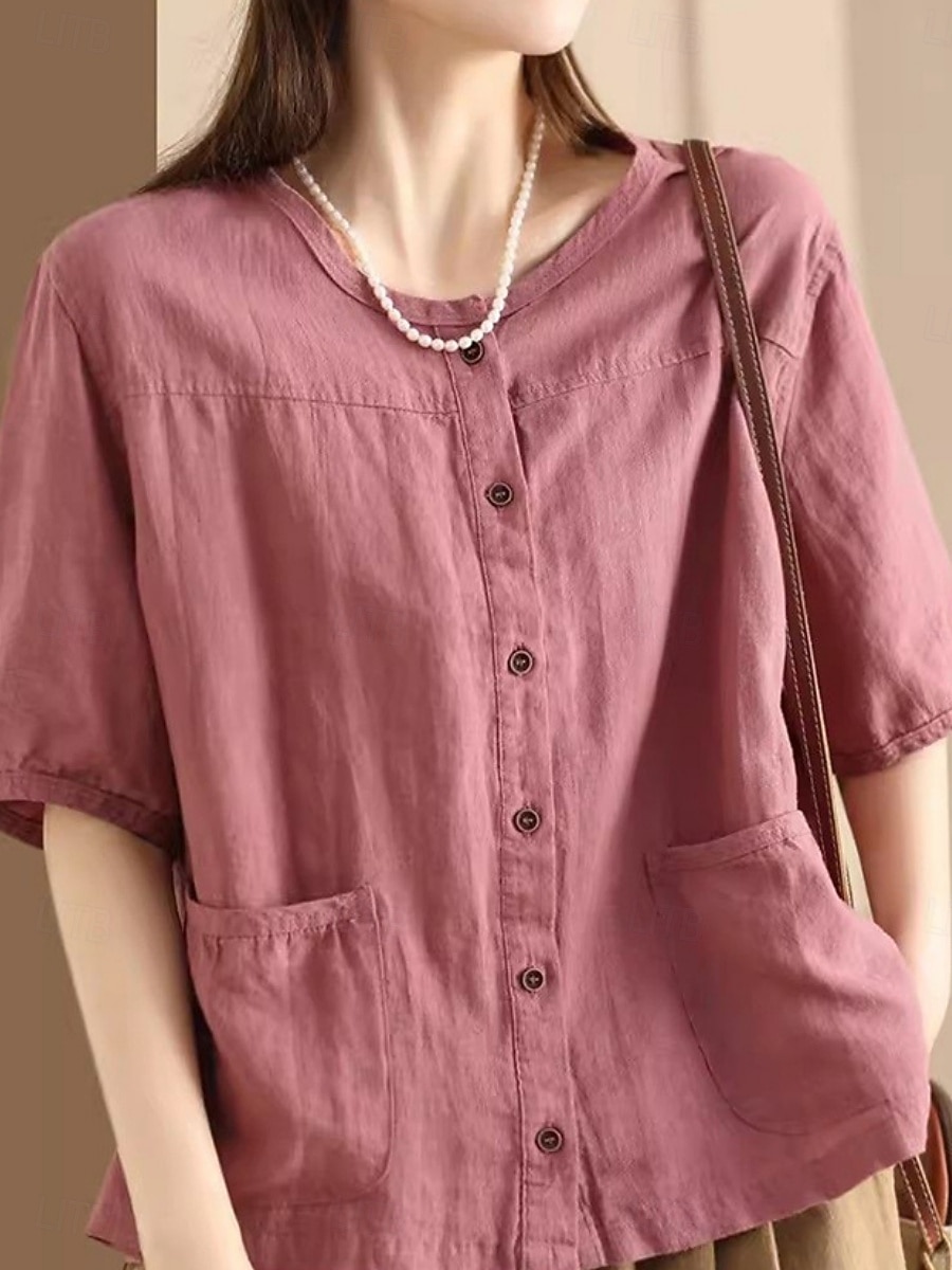 Women's Blouse Faux Linen Shirt Pocket Buttons Solid Color Daily Casual Half Sleeve Crew Neck Regular Tops Daily Black White Pink Brown Green Summer Spring 2026 - $21.99 –P2