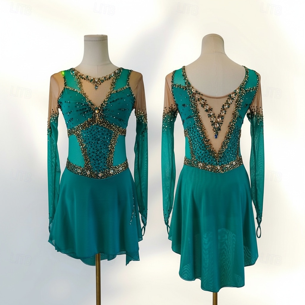 Figure Skating Dress Women's Ice Skating Dress Green Patchwork Open Back High Elasticity Training Competition Skating Wear Classic Crystal / Rhinestone Long Sleeve Ice Skating Figure Skating 2026 - $329.79 –P1