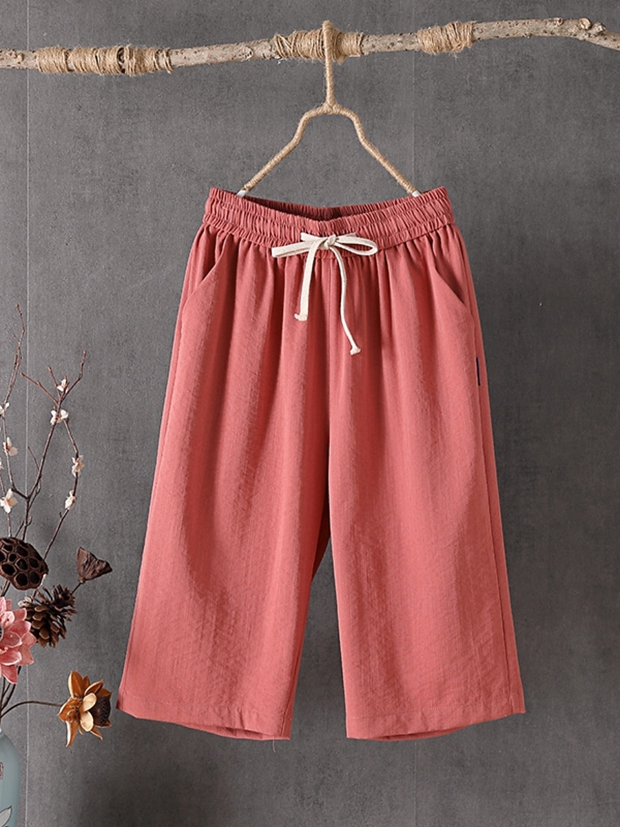 Women's Cotton Capri Pants Casual Pants Summer Shorts Vacation Fashion Streetwear Calf-Length High Waist Plain Drawstring Pocket Elastic Waist Comfort Comfortable Inelastic Daily Vacation Street 2026 - $17.99 –P6