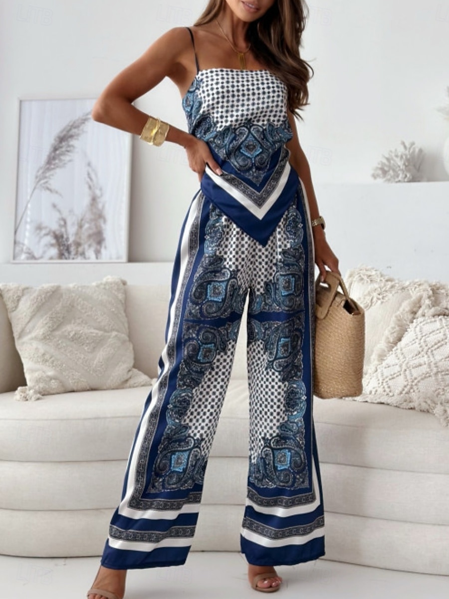 Damen Trägertop Hosen-Sets Bolero-Oberteil Ärmellos Träger Geometrisch Bohemien Mode Streetwear Lässig Täglich Outdoor Blau Beige Sommer Normale Passform 2026 - $43.99 –P6