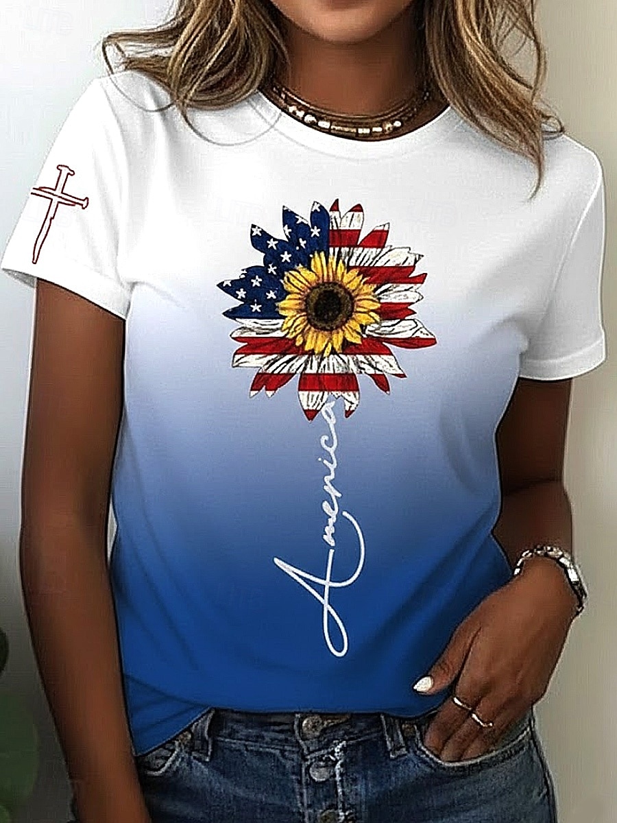 Патриотическая майка ко Дню независимости Женская футболка графический флаг винтажный стильная классическая с коротким рукавом круглый вырез обычная футболка повседневная выходные печать синий 2026 - $22.99 –P8