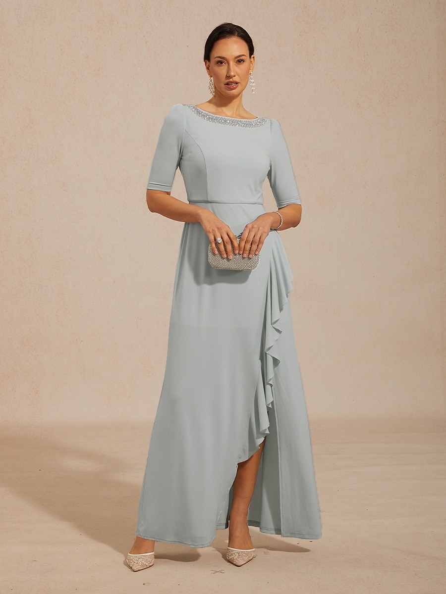 Pentru femei Rochie Maxi Rochie A line Elegant Serată Invitat la nunta Absolvire Zdrobit Impodobit Culoare solidă Manșon Jumate Stil Nautic Bateau Albastru Deschis 2026 - $159.99 –P6