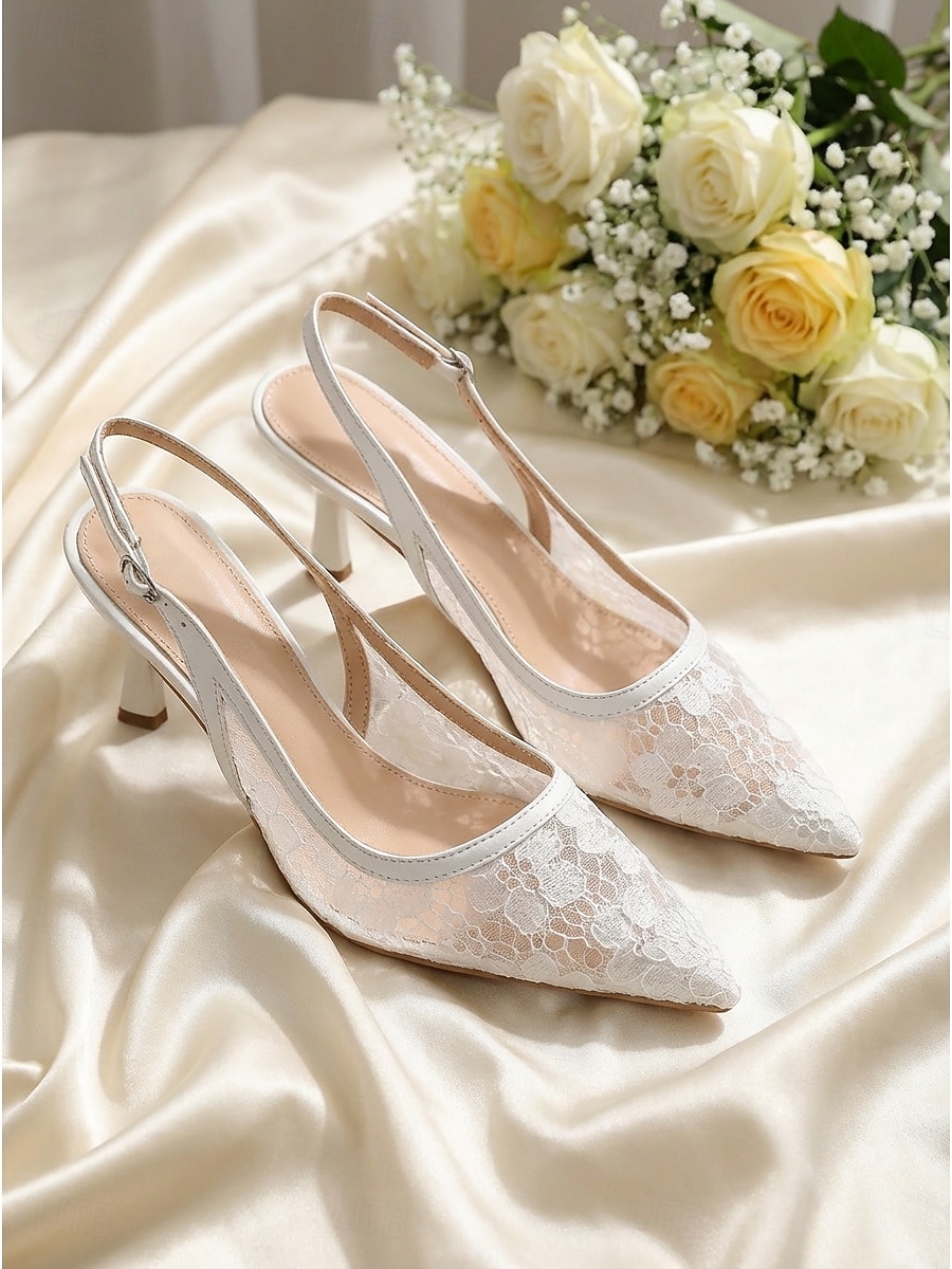 Γυναικεία Γάμος στον κήπο Γάμου Κοντόχοντρο Τακούνι Τακούνι Στιλέτο Μυτερή Μύτη Κομψό Δαντέλα Μοκασίνια Λευκό 2026 - $34.99 –P1