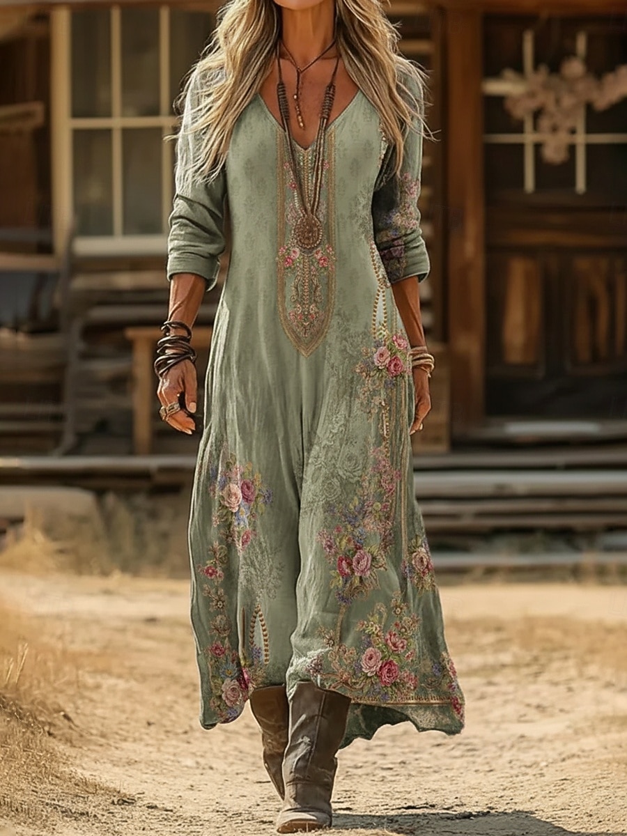 Dam Maxiklänning Boho-klänning Vintage klänning Vardagsklänning Vintage Dagligen Utomhus Semester Lös passning Blommig Långärmad V-hals Blå Marinblå Purpur Grön Vår Höst 2026 - $16.99 –P6