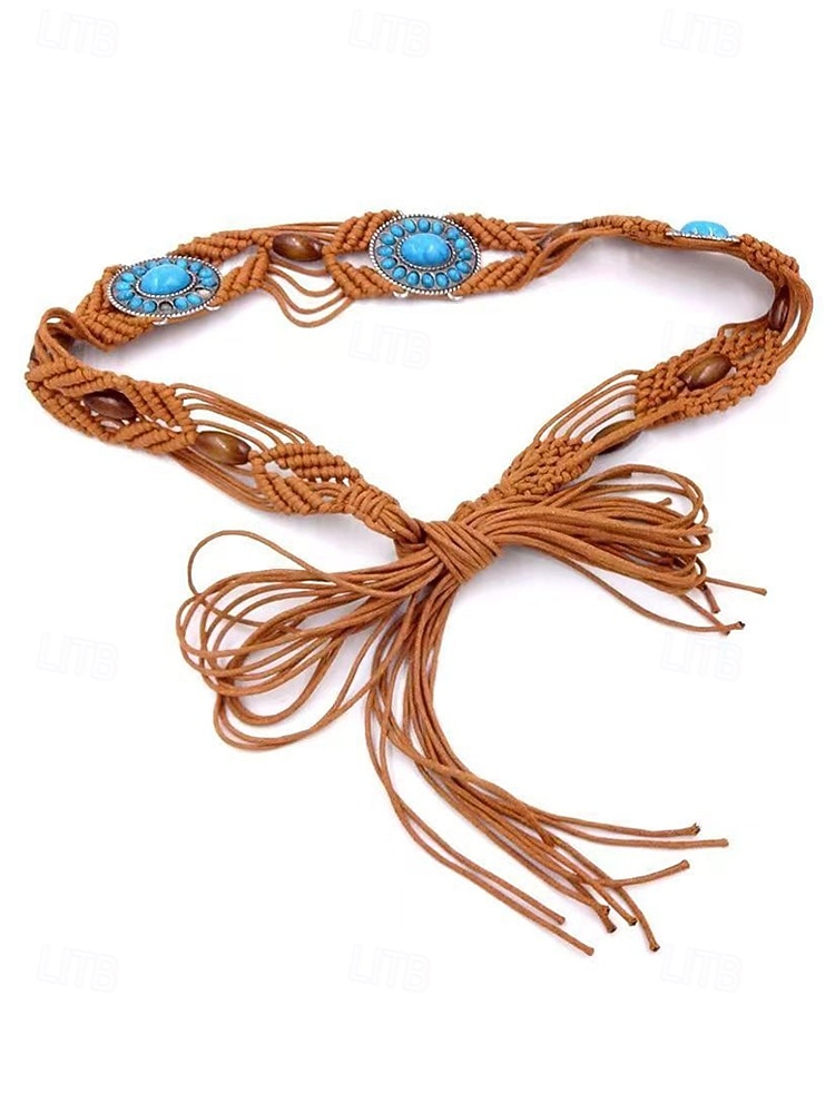 Naisten boheemi vahanurmivyö turkooseilla kivikoristeilla, säädettävä punottu vyö, monivärinen vintage-tyylinen asuste naisille, täydellinen jokapäiväiseen käyttöön, lomalle, rannalle ja lomakohteeseen 2026 - $14.99 –P7