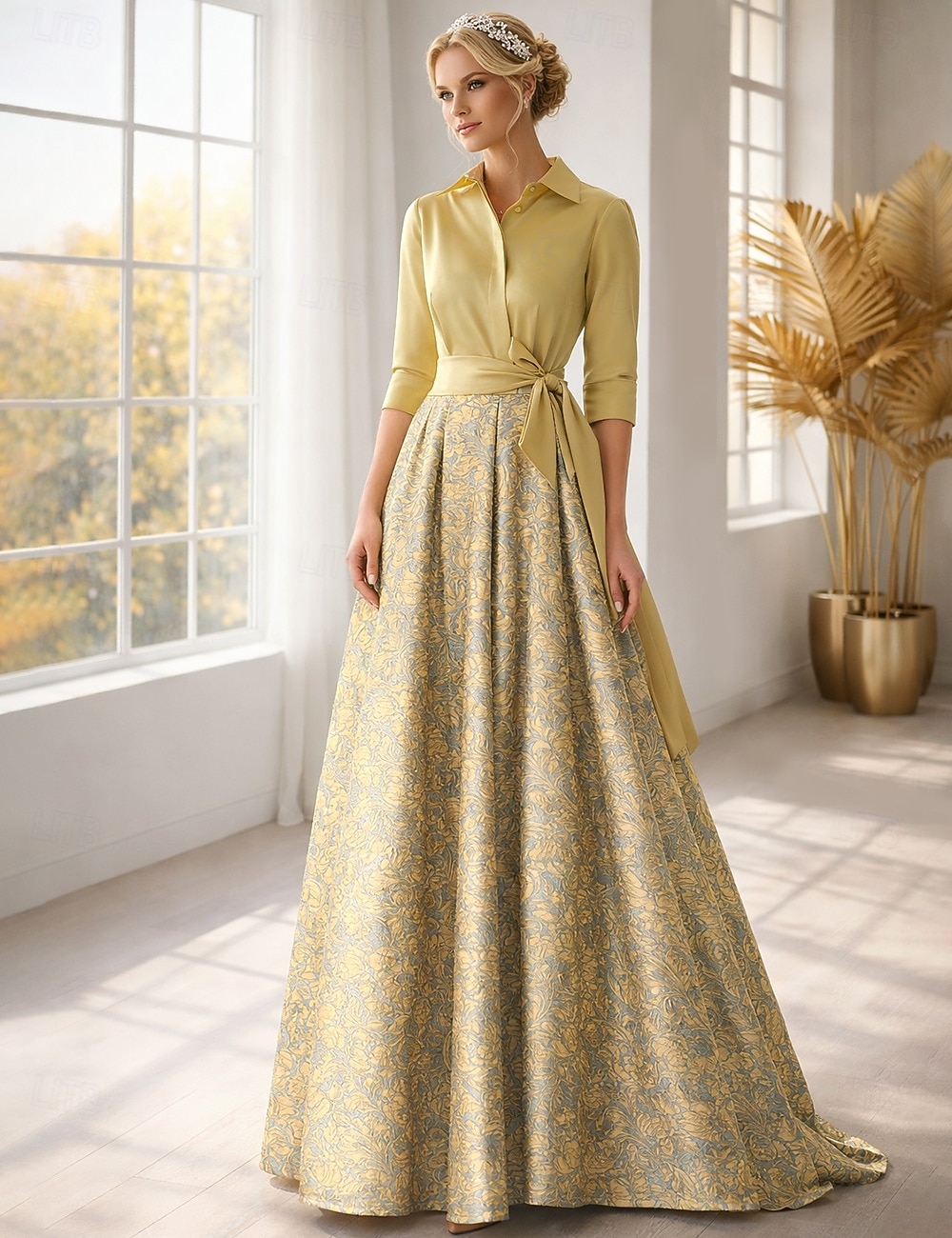 A-linja Kokopitkä Paitamekko Häävieraspuku Muodollinen mekko Morsiammen äidin asu Pitkähihainen Paitapuserokaula-aukko Tyylikäs Vintage Häät Muodollinen Nylon kanssa Kukkapainatus Rusetti(rusetit 2026 - $186.99 –P6