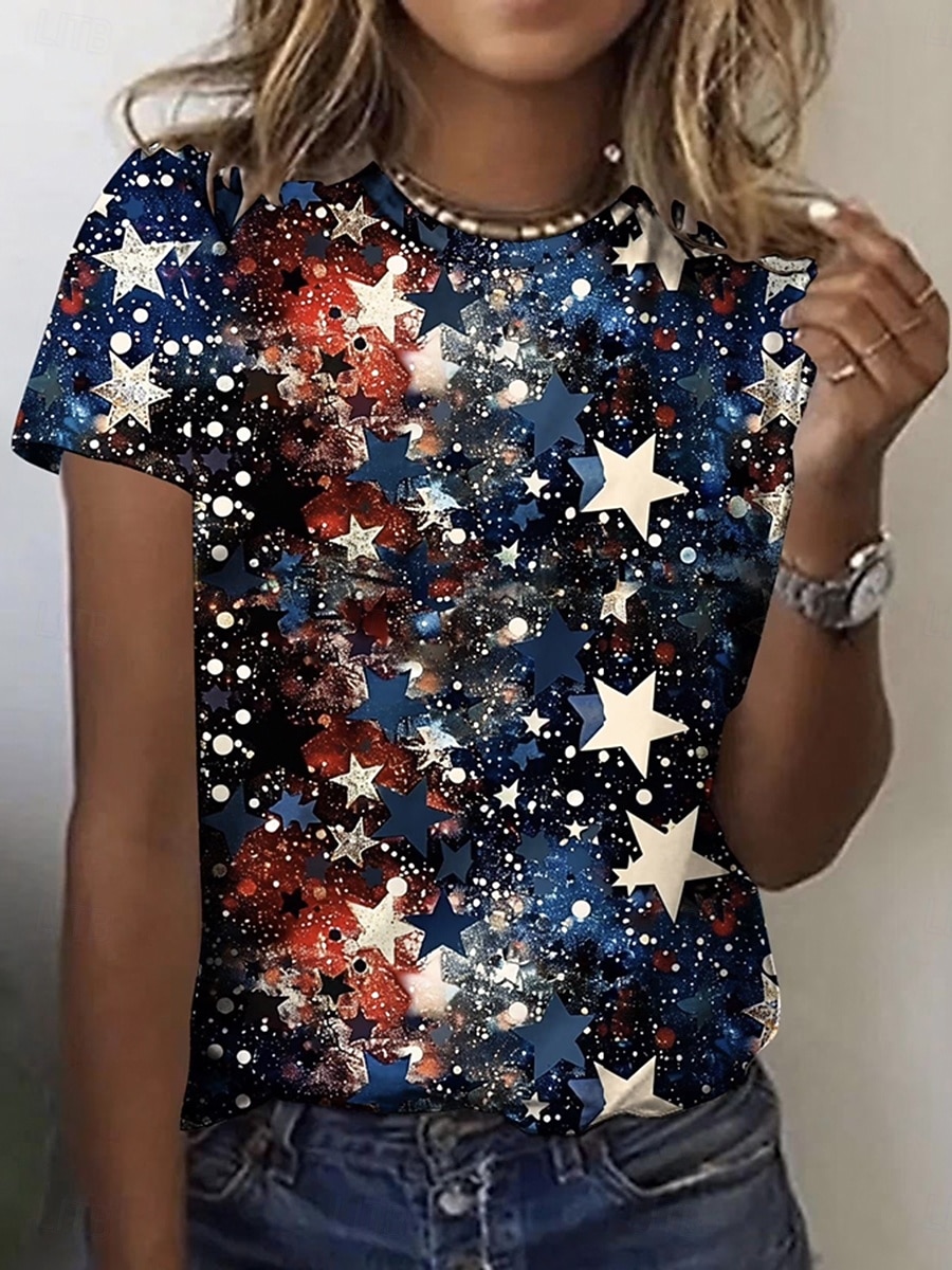 Independence Day PatrioticWomen's T Shirt Print Graphic Flag Stylish Classic Casual Short Sleeve Crew Neck Round Neck Regular Tops Daily Blue Red Orange Summer Spring 2026 - $22.99 –P2