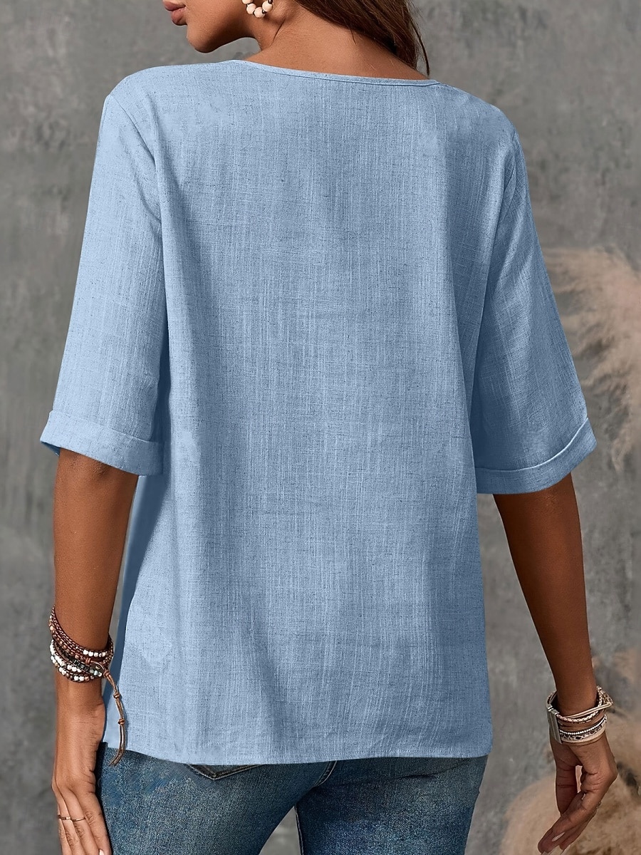 Damen Bluse Hemd aus Leinenimitat Knöpfe Einfarbig Stilvoll Basic Lässig Halbarm Rundhalsausschnitt Normale Oberteile Täglich Blau Schwarz Weiß Armeegrün Rote Sommer Frühling Herbst 2026 - $21.99 –P16
