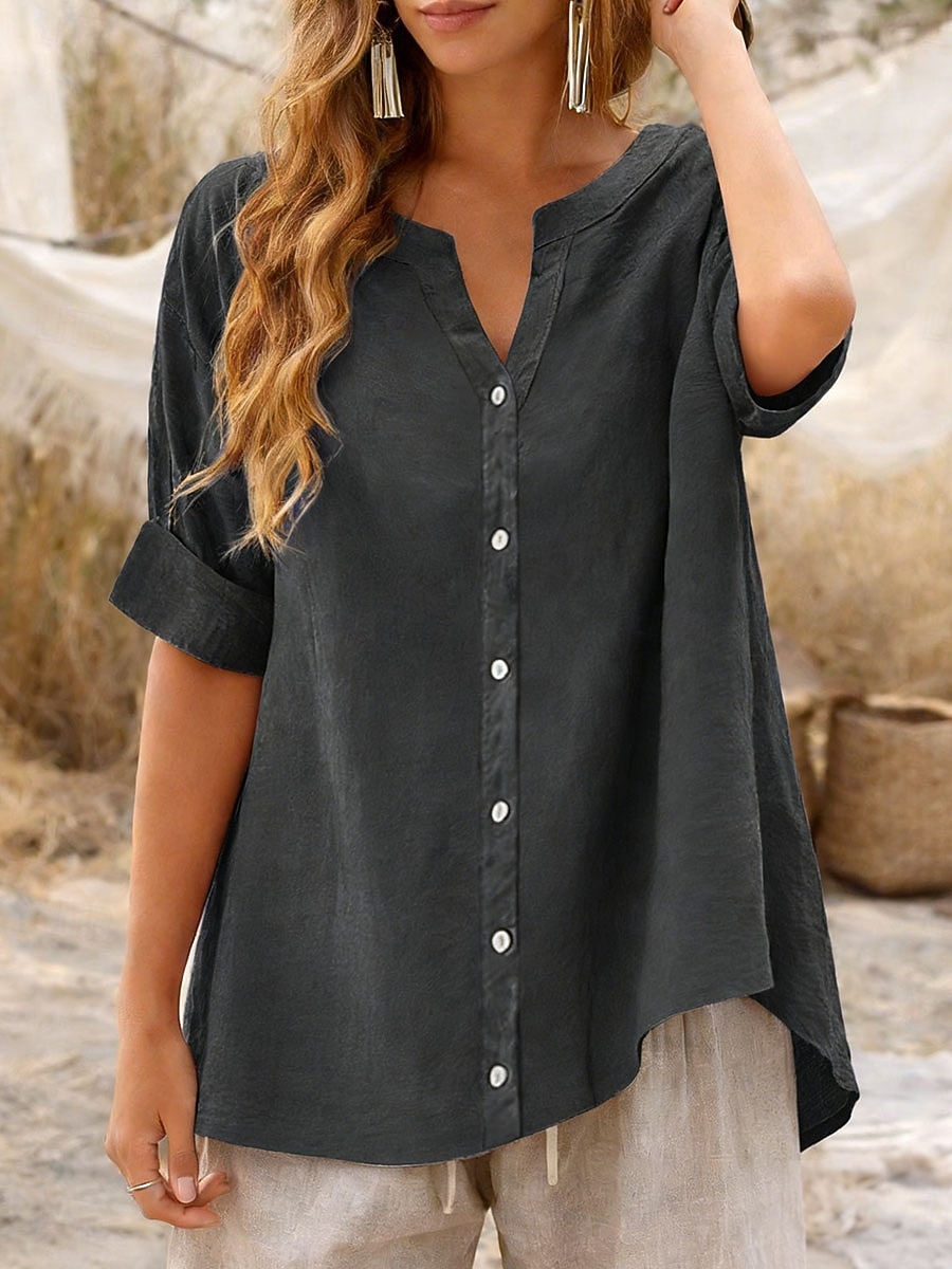 Damen Bluse Kunstbaumwollleinen Einfarbig Elegant Stilvoll Basic Kurzarm V Ausschnitt Normale Oberteile Täglich Blau Schwarz Purpur Grün Beige Sommer Frühling Herbst 2026 - $27.99 –P6