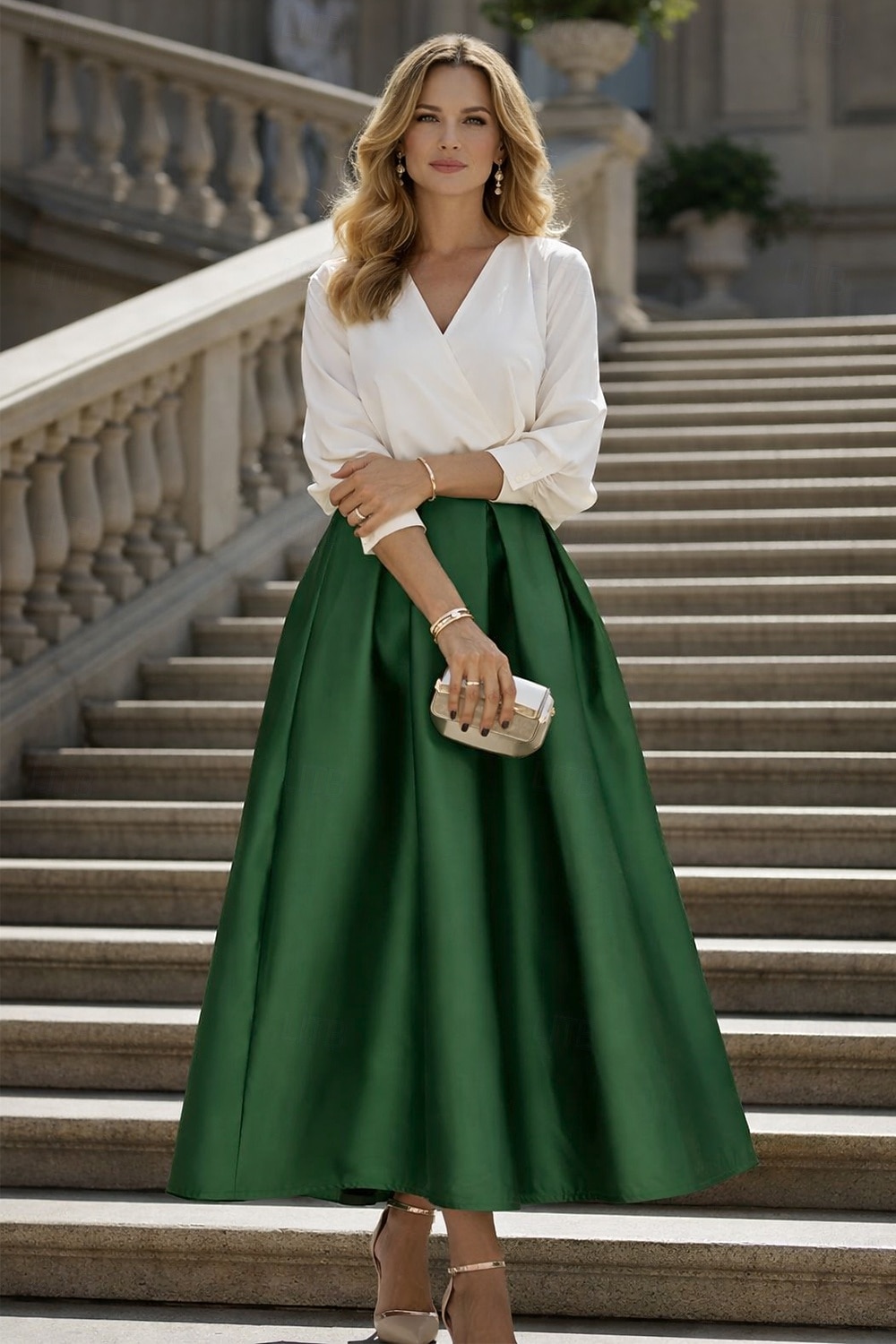 Two Piece Tea Length Cocktail Dresses Party Dresses Elegant Color Block Long Sleeve V Neck Wedding Party Wear Satin with Pleats 2026 - $160.99 –P5