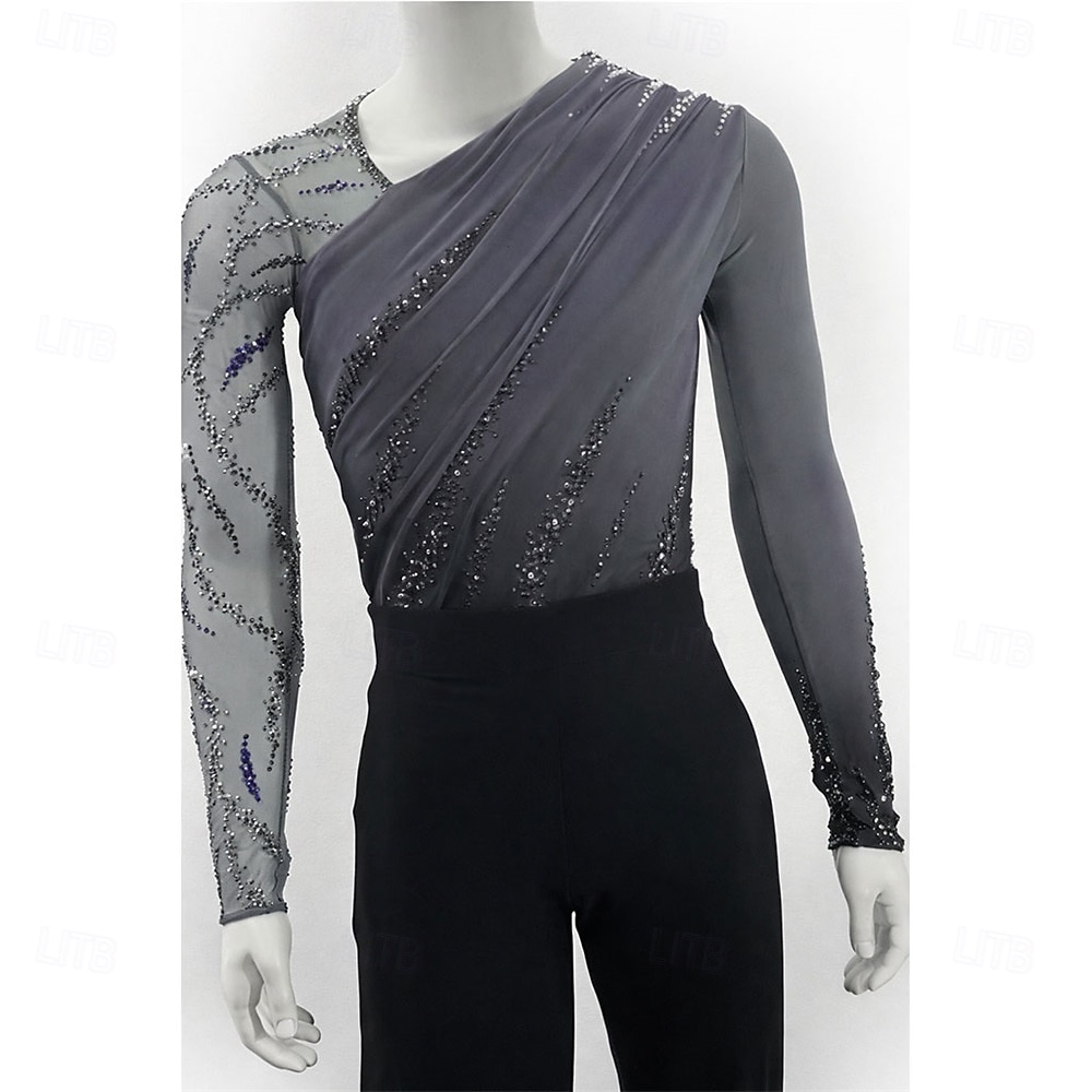 توب للتزلج الفني على الجليد رجالي تزلج على الجليد كنزات رمادي بقع قابل للبسط التدريب منافسة ملابس التزلج كلاسيكي الكريستال / حجر الراين كم طويل التزحلق على الجليد الرقص على الجليد 2026 - $348.79 –P1