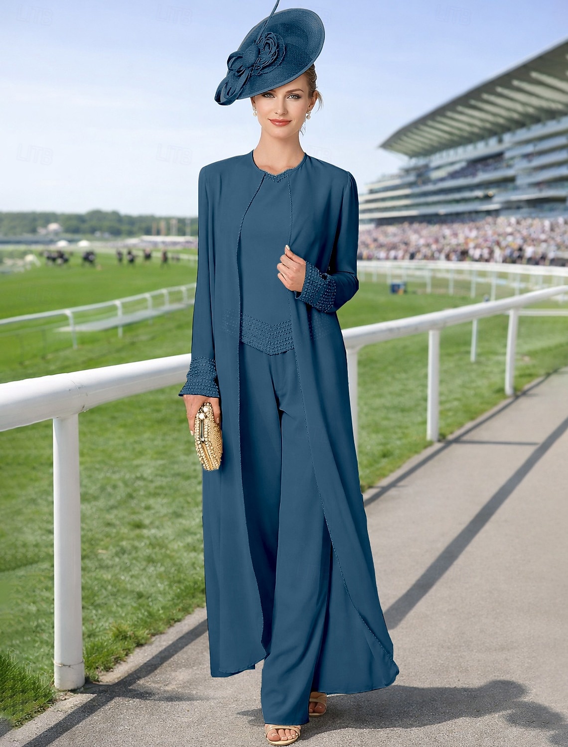 Overall Hosenanzug Dreiteilig Bodenlang Brautmutterkleid Langarm Bateau-Ausschnitt Elegant Übergröße Mit Schal Formell Hochzeitsgast Chiffon Mit Schal mit Perlenstickerei 2026 - $183.99 –P8