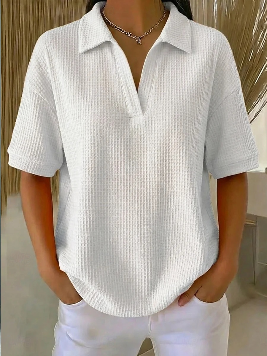 Dámské Tričko Polokošile Trička Vaflově pletené topy Bez vzoru Módní stylové Základní Krátký rukáv Košilový límec Běžné topy Denní Jdeme ven Víkend Vodní modrá Černá Bílá Oranžová Trávová zelená Léto 2026 - $27.99 –P5