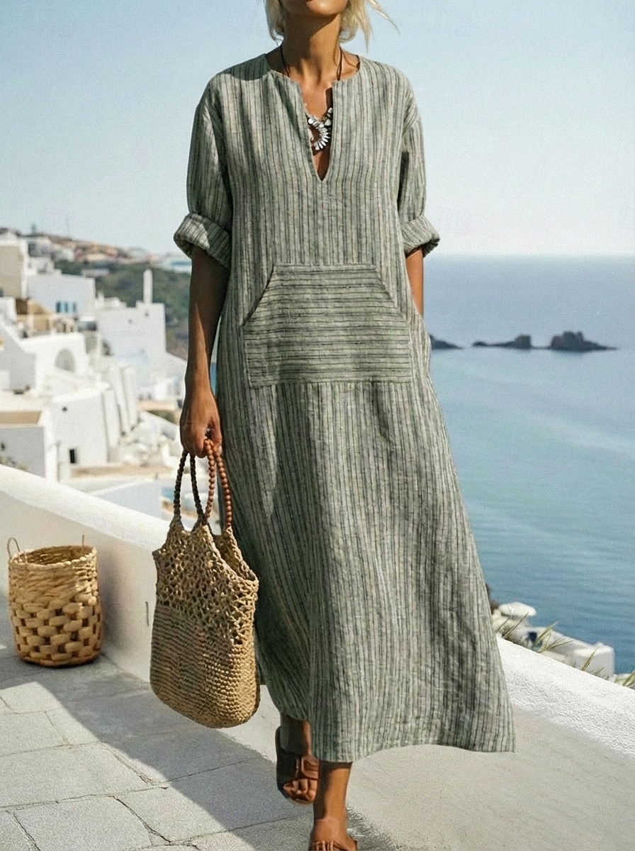 Mujer Normal Vestido maxi Vestidos con tacto de lino Lino de algodón sintético Vestido Kaftan Vestido vintage Elegante Casual Diario Trabajo Holgado Raya Manga Larga Escote en Pico Rojo Verde Trébol 2026 - $22.99 –P4