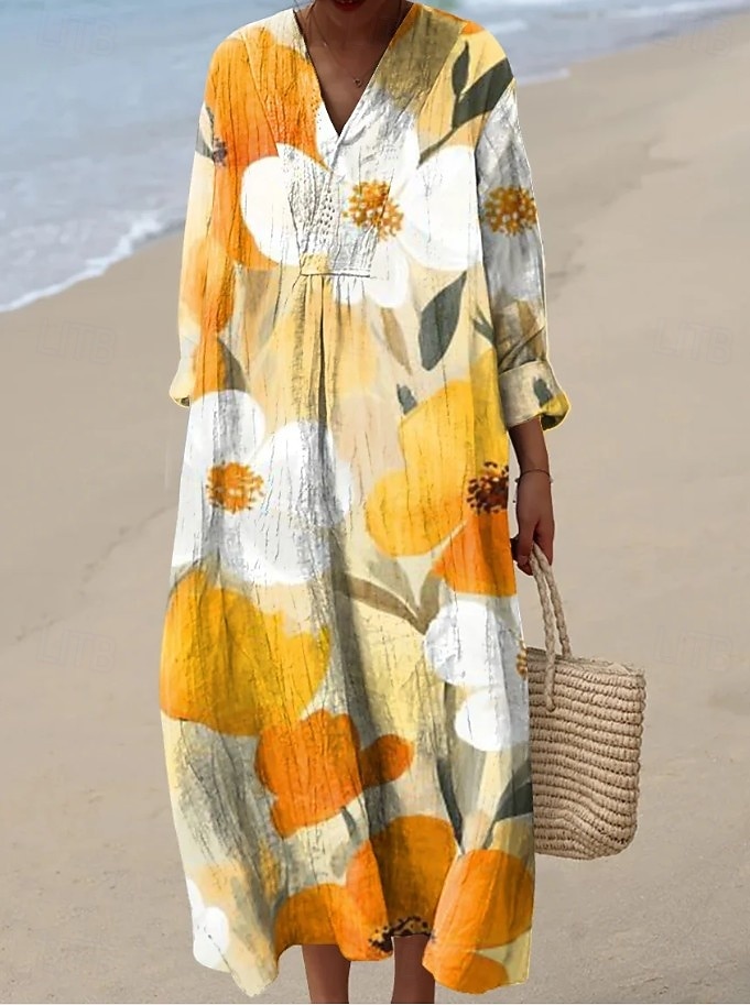 Women's Maxi Dress Shift Dress Vacation Casual Going out Loose Fit Floral Graphic Long Sleeve V Neck Blue Yellow Orange Light Blue-White Summer Spring 2026 - $41.99 –P1