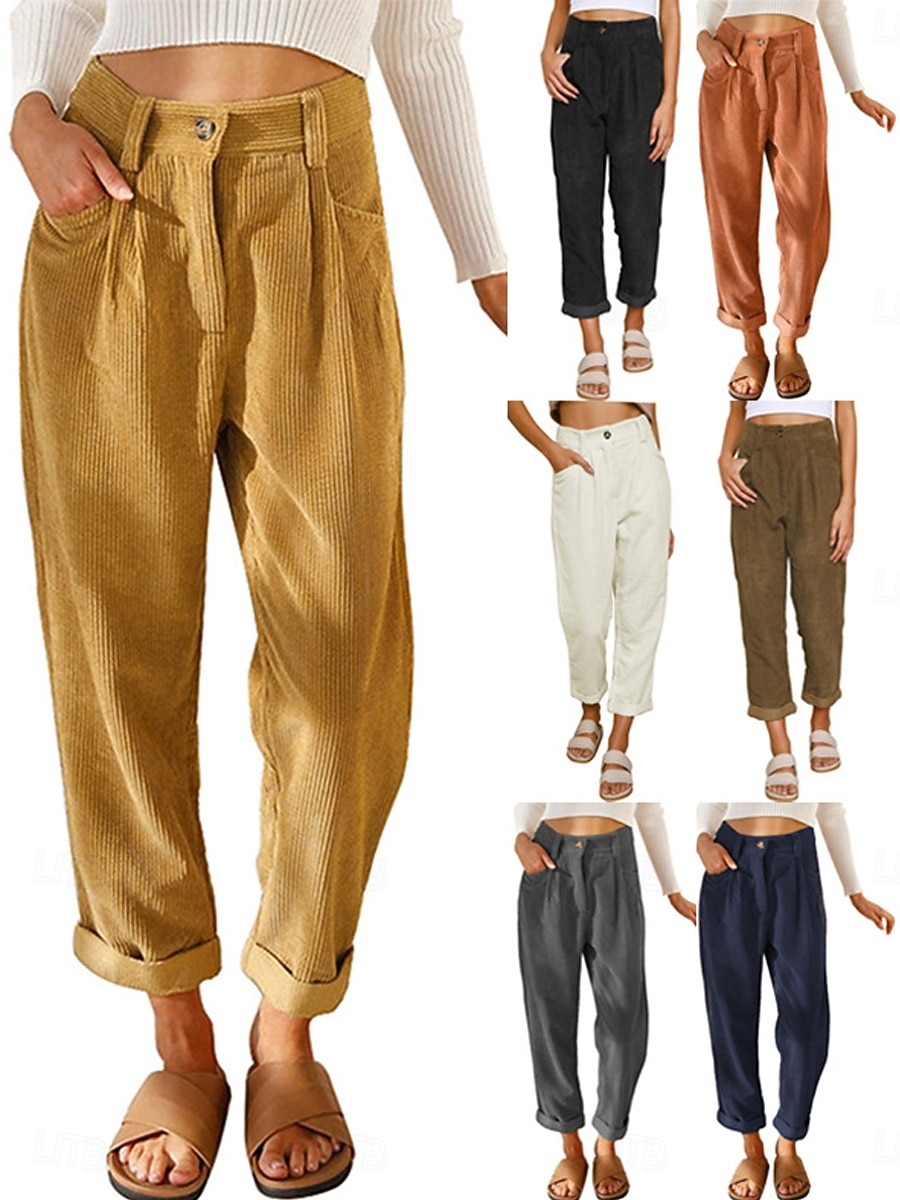 Dames Broek Corduroybroek Vrijetijdsbroek Recht Modieus Streetwear Basic Volledige lengte Hoge taille Effen Zak Comfortabel Inelastisch Dagelijks Vakantie Straat Zwart Wit Marineblauw Oranje Lente 2026 - $22.99 –P1