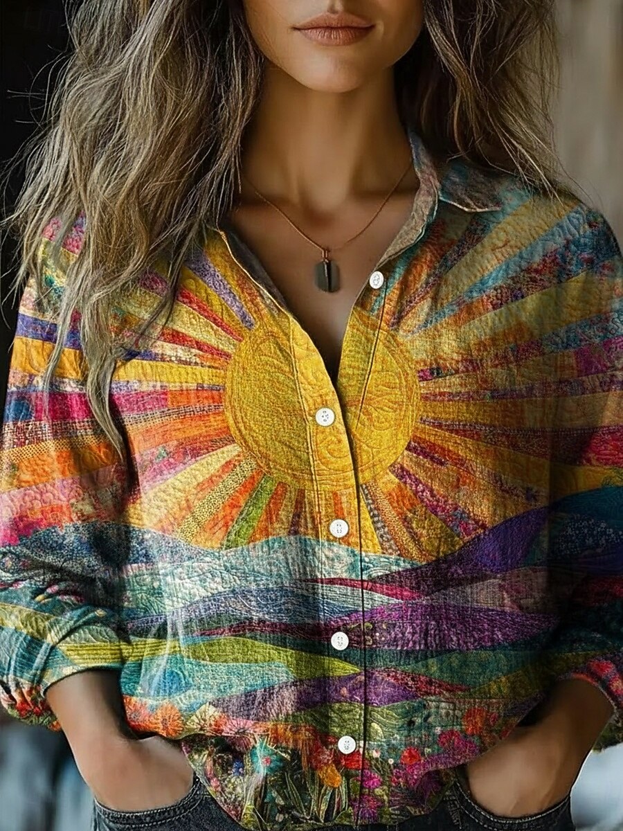 Жен. Рубашка Искусственный хлопок и лен Пуговицы С принтом Загар и защита от солнца Богемия Винтаж Стиль Длинный рукав Рубашечный воротник Обычные топы Повседневные Праздники 2026 - $35.99 –P1