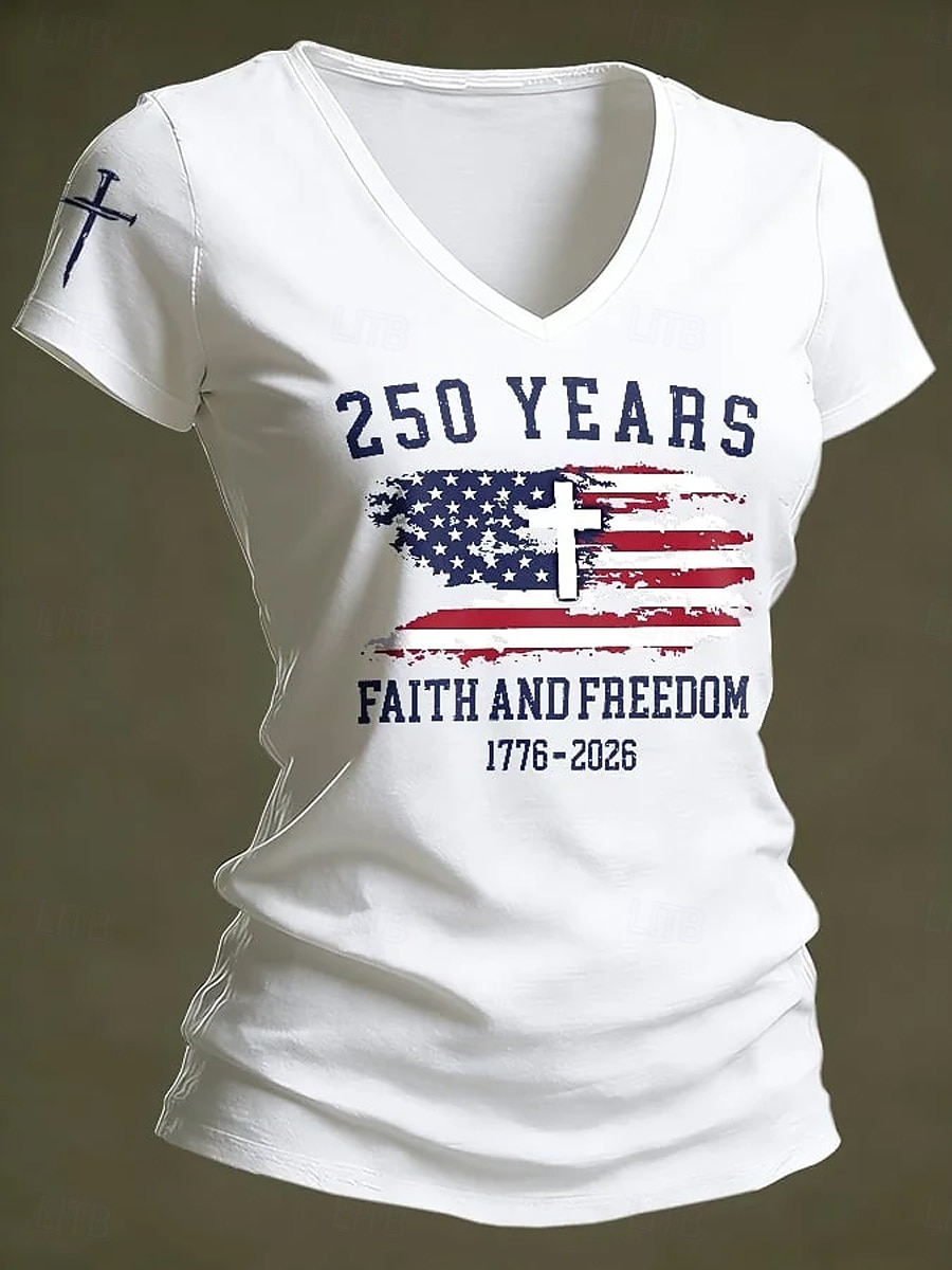 Maglietta Patriottica per Donne per il 250° Anniversario dell'Indipendenza Americana Stampa Grafica Bandiera Elegante Classica Casual Manica Corta Collo a V Top Regolari Quotidiani Nero Bianco Rosso del 2026 a $21.99 –P2