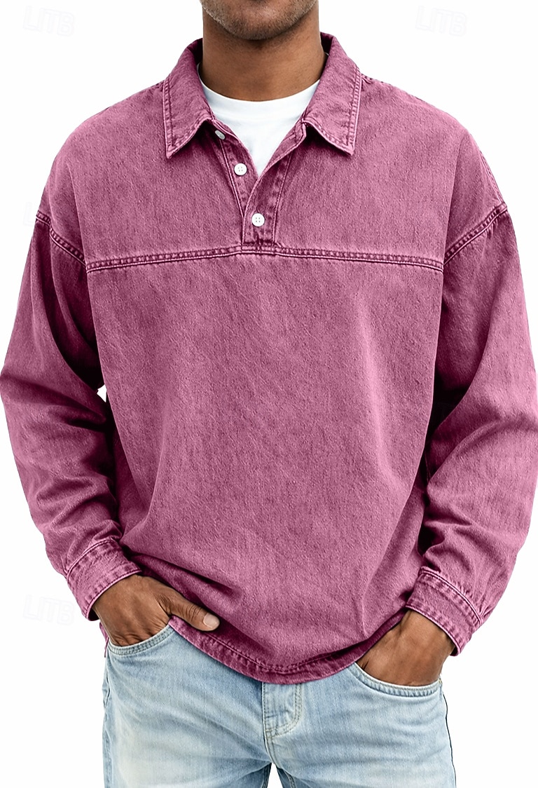 Herren Jeanshemd Baumwoll-Poloshirt Lässig Urlaub Klassisch Langarm Mode Basic Einfarbig Einfach Vintage-Stil Gewaschen Frühling Winter Frühling & Herbst Normale Passform Schwarz Hellgrün Rosa 2026 - $33.99 –P3