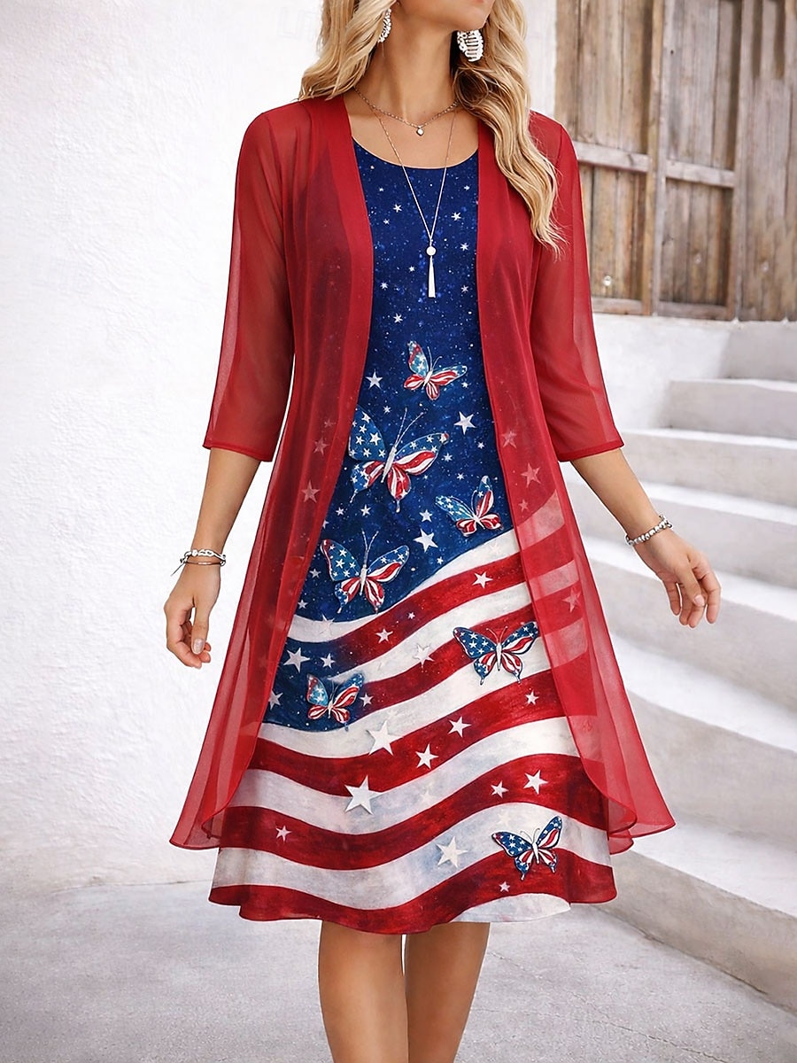 Unabhängigkeitstag Patriotisches Damen Kleid Set A-Linien Kleid Elegant Urlaub Grafische Flagge Lagen Druck Midi Kleid Halblangarm Rundhals Alltag Blau Weiß Rot Sommer Frühling Reguläre Passform 2026 - $43.99 –P1
